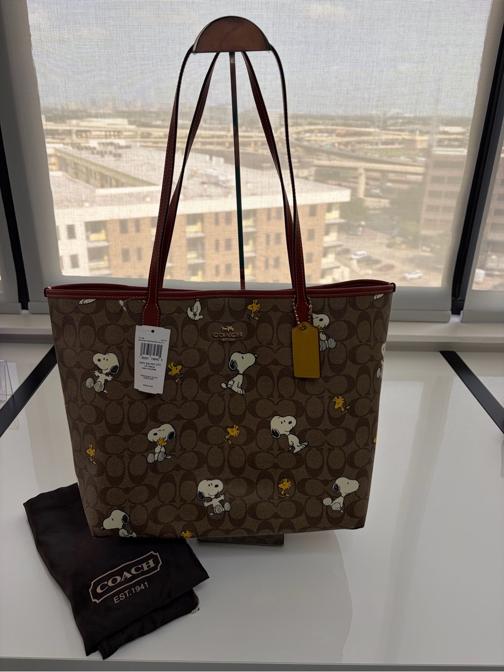 Coach Brown Signature Snoopy Tote with Red Trim